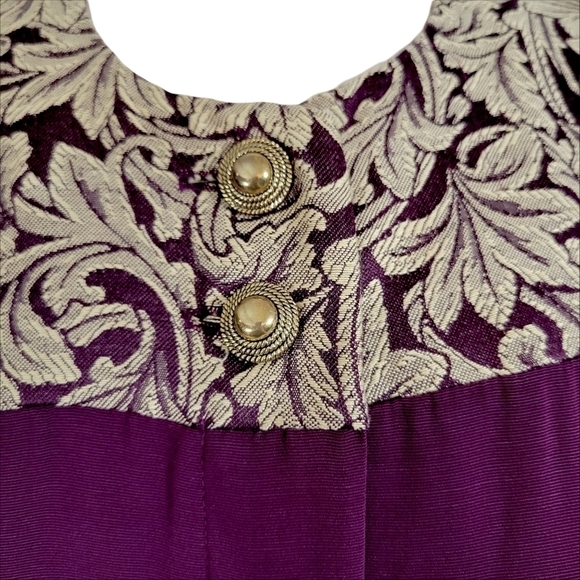 Vintage 80s Alexis Maroon & Gold Brocade Long Sleeved Blouson Dress - Picture 3 of 7